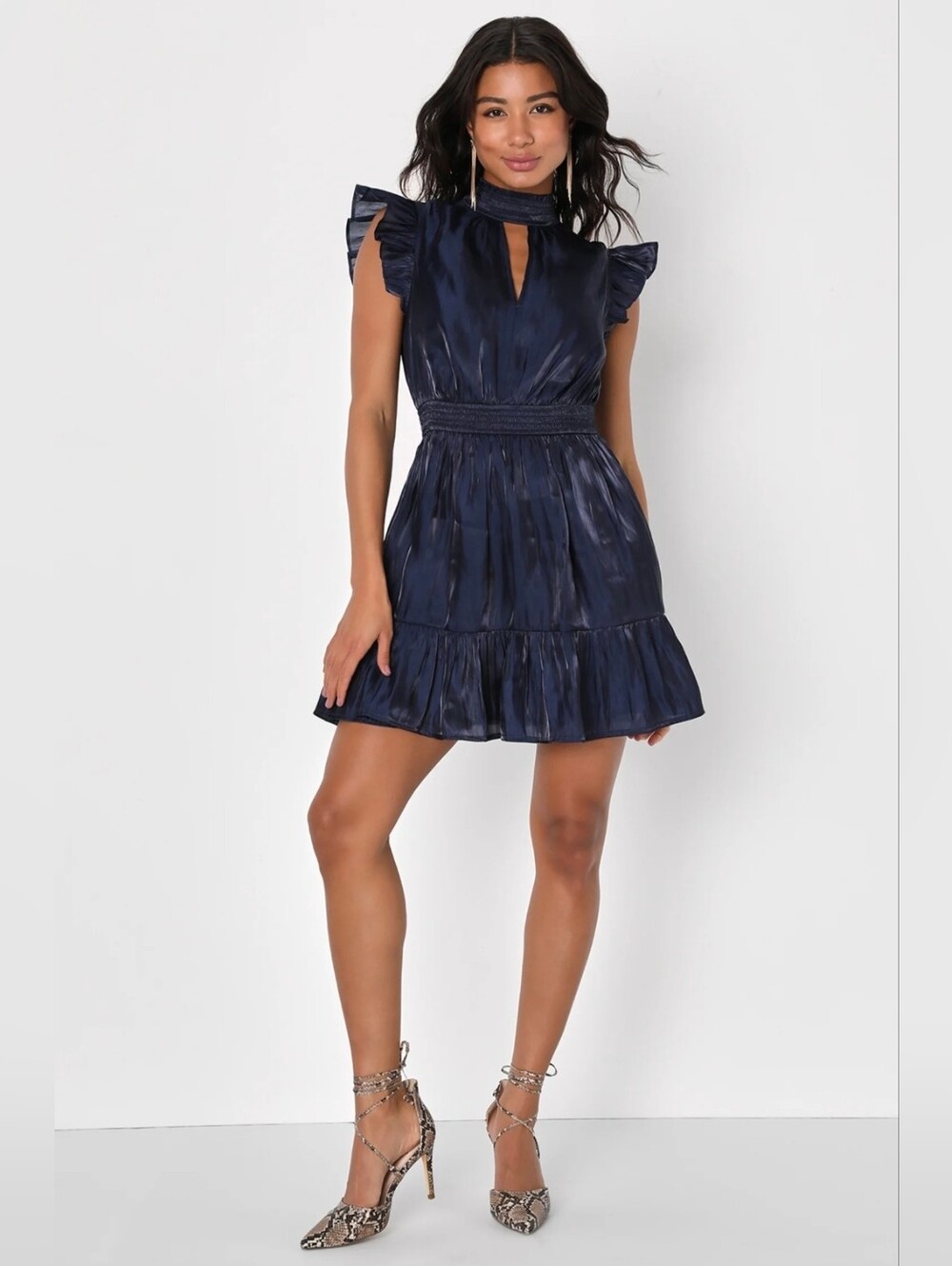 Lulu's Sheen You Across the Room Navy Blue Ruffled Smocked Mini Dress NWT Sz L